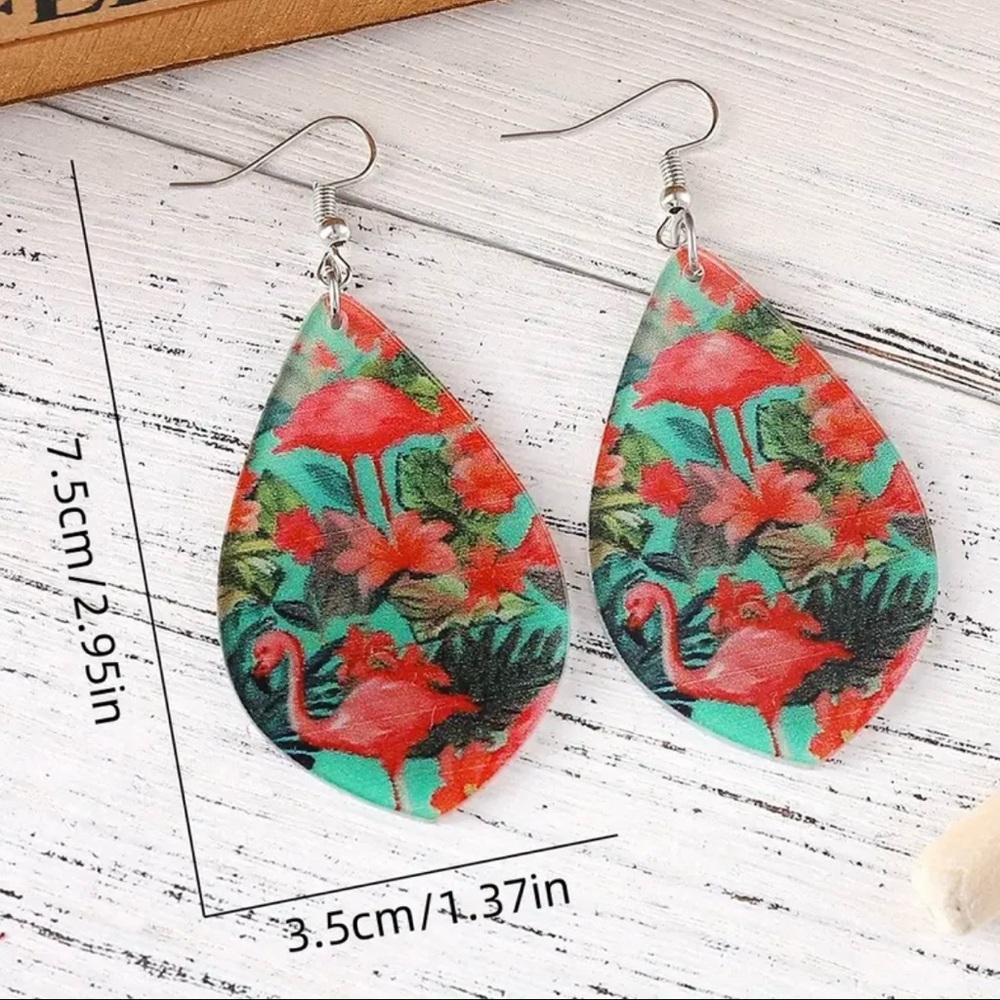 Pink Flamingos Tropical Leaves Acrylic Raindrop Shaped Earrings Hibiscus - Picture 4 of 4